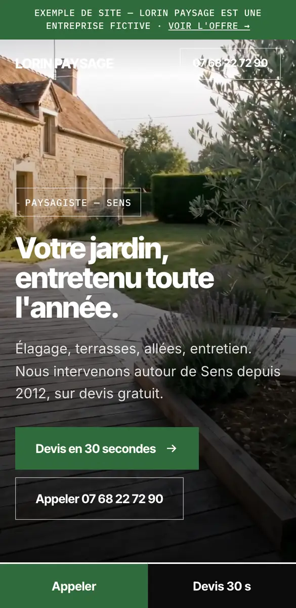 Page d'accueil de la démo Lorin Paysage sur téléphone